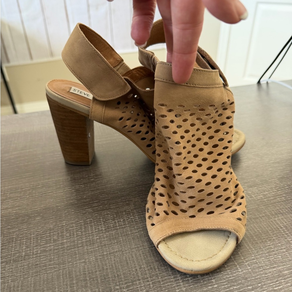 Steve Madden Tan Perforated Block Heel Sandals with Peep Toe